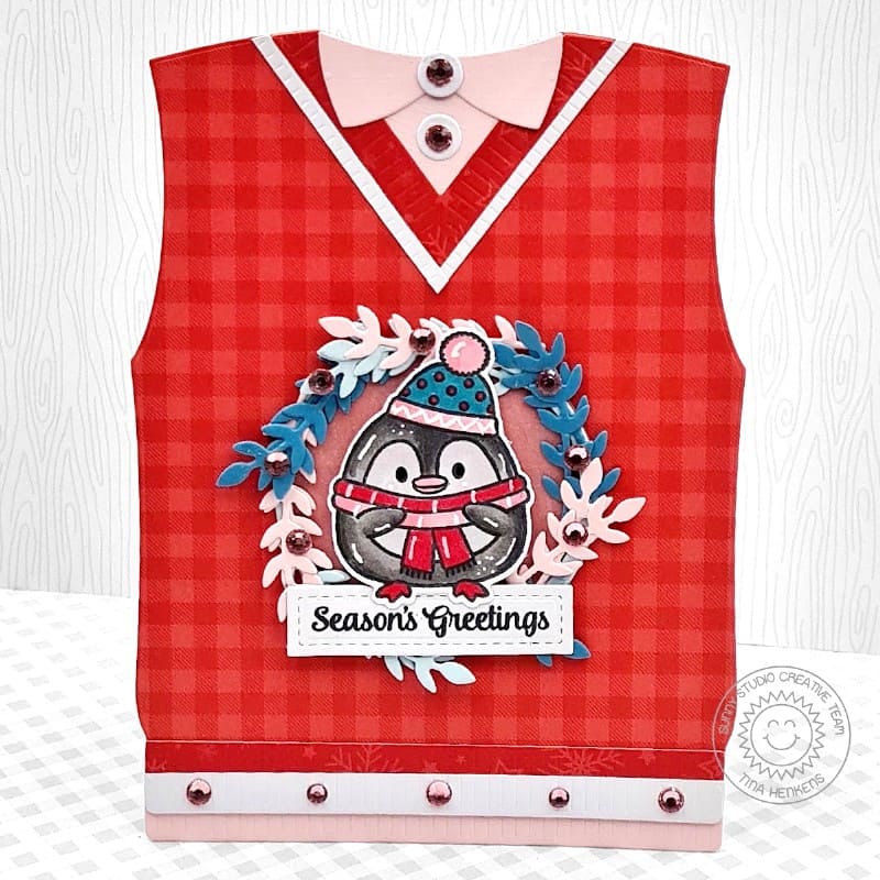 Sunny Studio Stamps Roly Poly Penguin Ugly Christmas Sweater Handmade Holiday Card using Sweater Vest Metal Cutting Craft Die