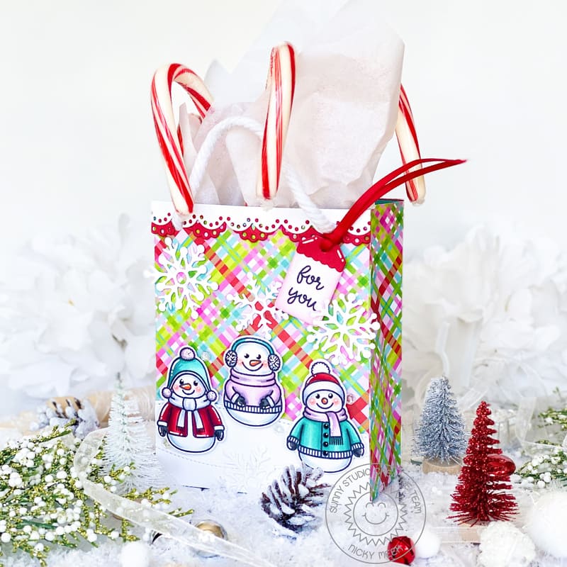 Sunny Studio Stamps Plaid Snowman & Snowflakes Holiday Christmas Gift Bag using Sweet Treat Bag Metal Cutting Craft Dies