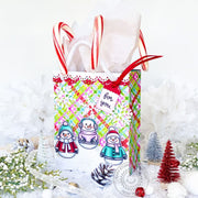 Sunny Studio Plaid Snowman & Snowflakes Scalloped Holiday Christmas Gift Bag using Snowmen in Sweaters Clear Craft Stamps