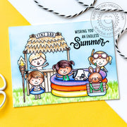 Sunny Studio Swimming Kids and Tiki Bar Endless Summer Handmade Card by Amanda Fitterer using Kiddie Pool Clear Craft Stamps