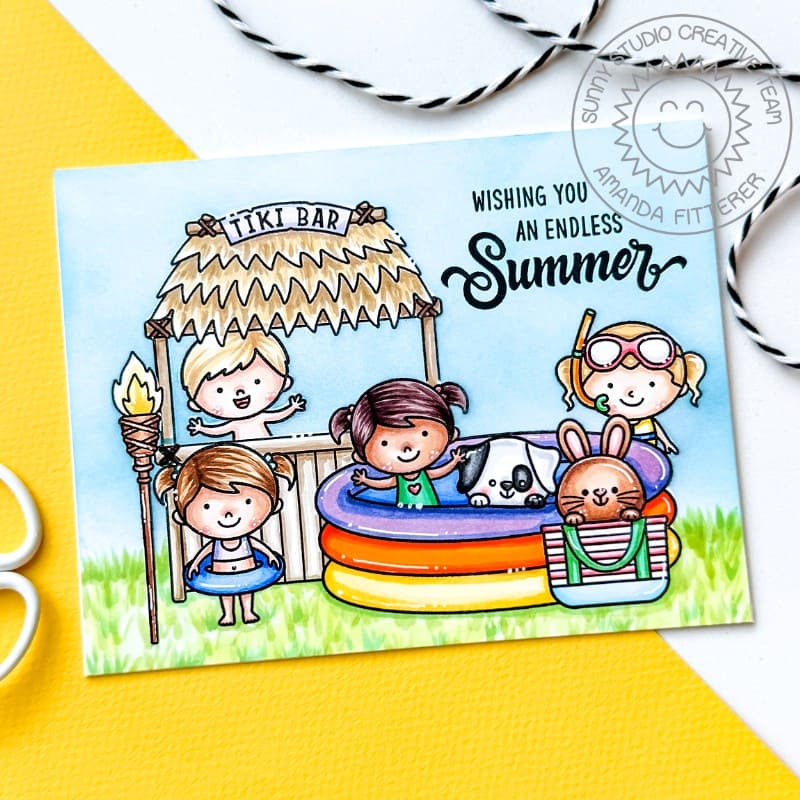 Sunny Studio Swimming Kids and Tiki Bar Endless Summer Handmade Card by Amanda Fitterer using Kiddie Pool Clear Craft Stamps