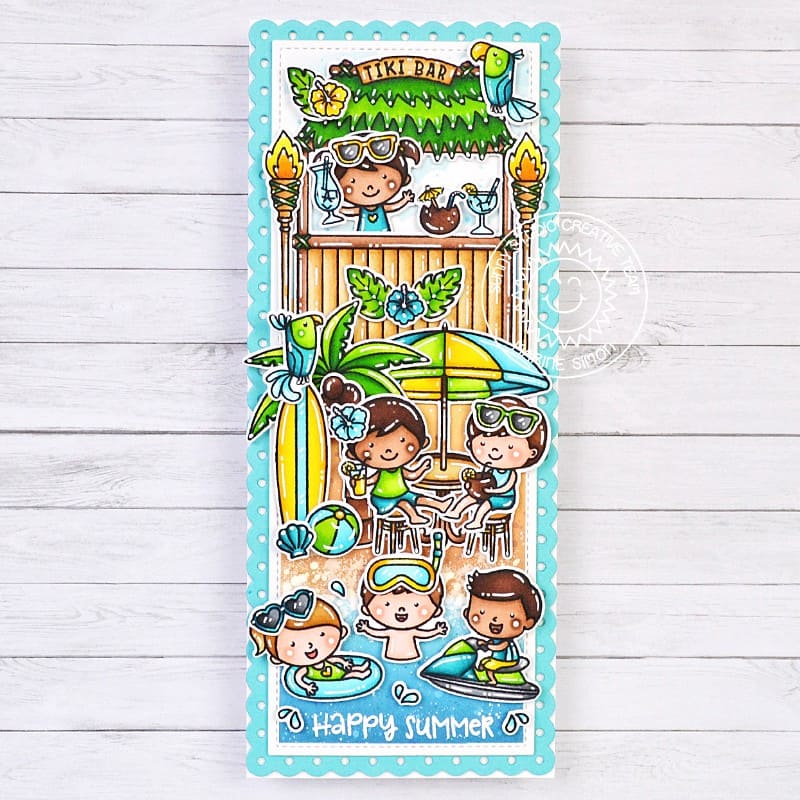Sunny Studio Kids at Tiki Bar with Cafe Table & Umbrella Happy Summer Slimline Card using Paris Afternoon Clear Craft Stamps