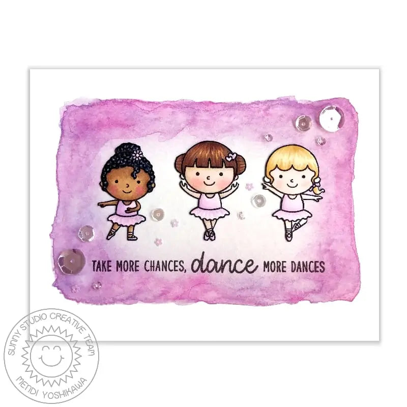 Sunny Studio Tiny Dancers 3 Ballerinas Watercolor Card by Mendi Yoshikawa