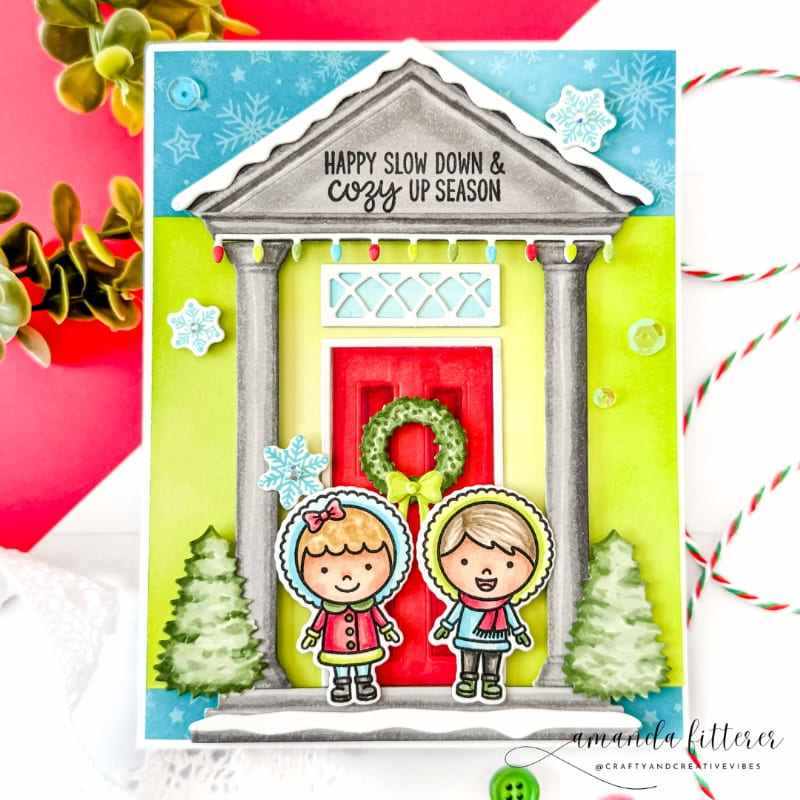 Sunny Studio Stamps Kids on Decorated Holiday Home Porch Christmas Card using Distinctive Door Metal Cutting Craft Dies