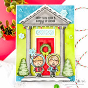 Sunny Studio Kids Standing on Holiday Decorated House Porch Home-Themed Christmas Card using Toasty Hugs Clear Craft Stamps