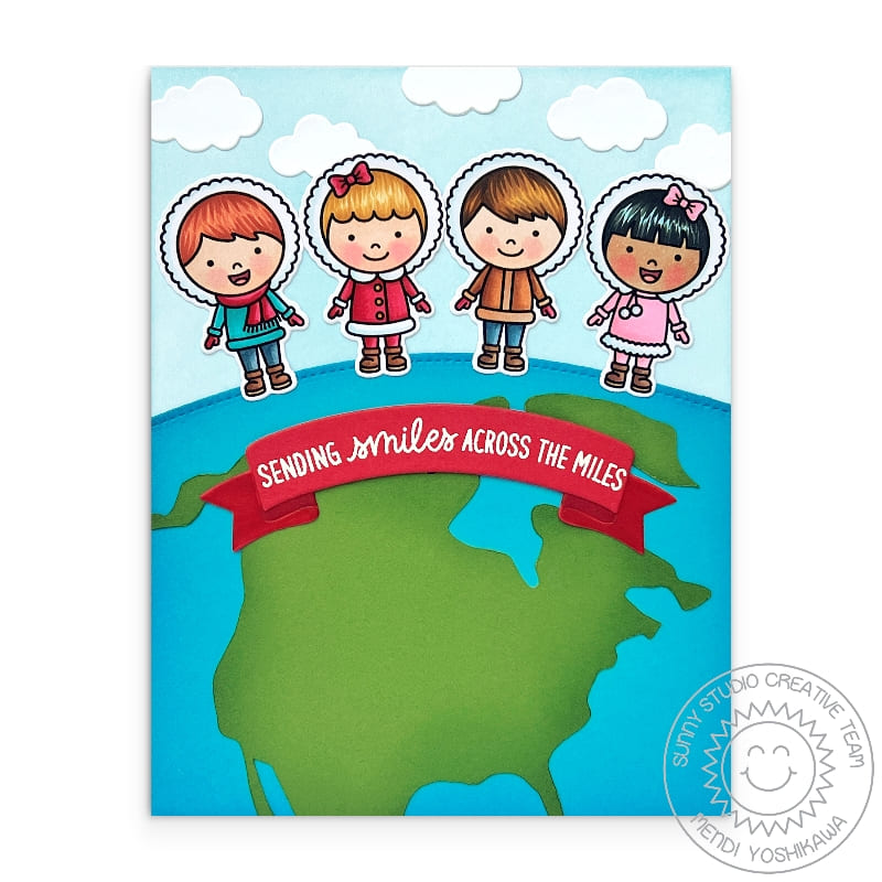 Sunny Studio Sending Smiles Across the Miles Kids Standing Around A World Globe Holiday Card using Toasty Hugs Clear Stamps