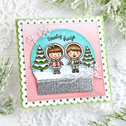 Sunny Studio Kids with Snowflakes Pink Scalloped Snowglobe Winter Holiday Christmas Card using Toasty Hugs Clear Craft Stamps