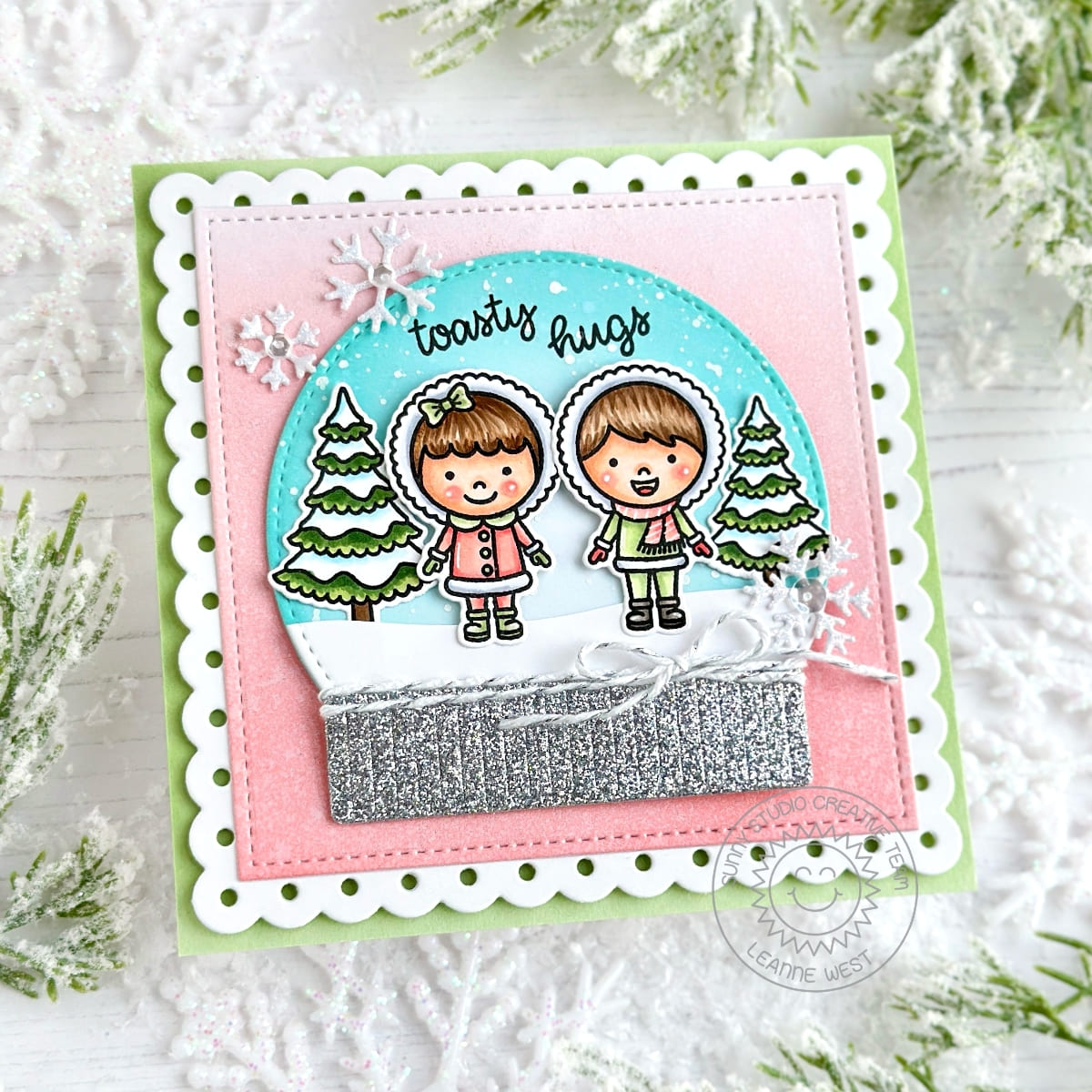 Sunny Studio Kids with Snowflakes Pink Scalloped Snowglobe Winter Holiday Christmas Card using Toasty Hugs Clear Craft Stamps