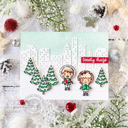 Sunny Studio Stamps Boy & Girl with City Buildings Snowy Winter Holiday Christmas Card using Cityscape Border Metal Craft Die