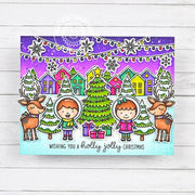 Sunny Studio Kids & Reindeer with Decorated Holiday Houses Holly Jolly Christmas Card using Reindeer Games Clear Craft Stamps