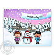 Sunny Studio Kids Making Snowman Neighborhood Winter Scene Holiday Christmas Card using Snowmen in Sweaters Clear Stamps