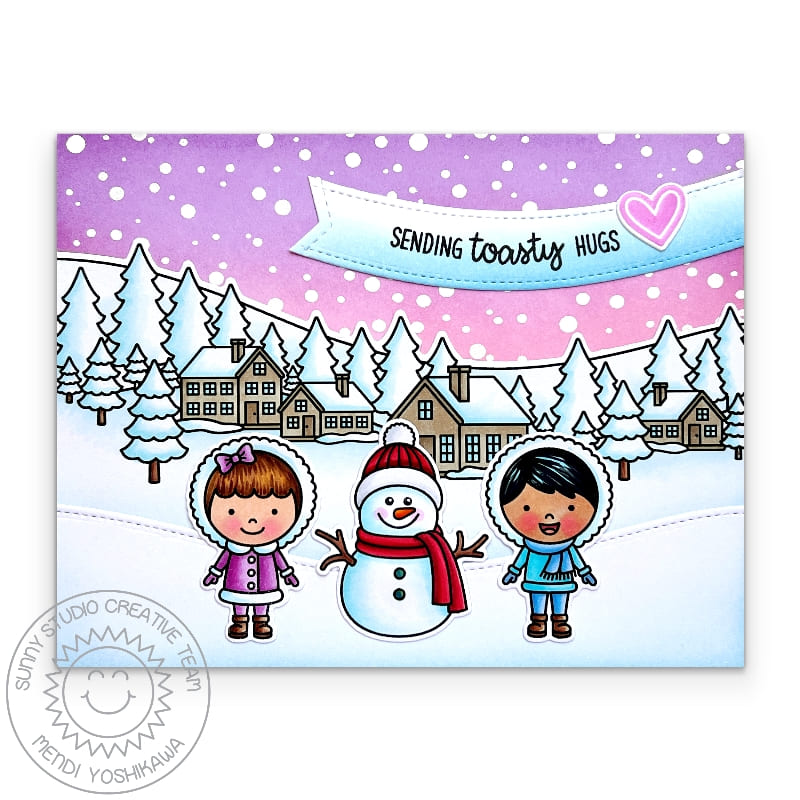 Sunny Studio Kids Making Snowman Neighborhood Winter Scene Holiday Christmas Card using Snowmen in Sweaters Clear Stamps