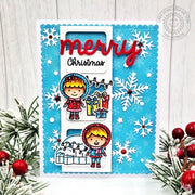 Sunny Studio Red, White & Blue Kids with Snowflakes Winter Holiday Christmas Card using Toasty Hugs Clear Craft Stamps