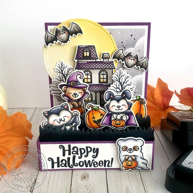 Sunny Studio Costumed Critters with Bats & Haunted House Pop-up Box Halloween Card using Too Cute To Spook 4x6 Clear Stamps