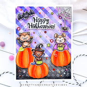 Sunny Studio Stamps Critters in Halloween Costumes Purple Plaid Card using Buffalo Plaid Diagonal Background Metal Craft Die