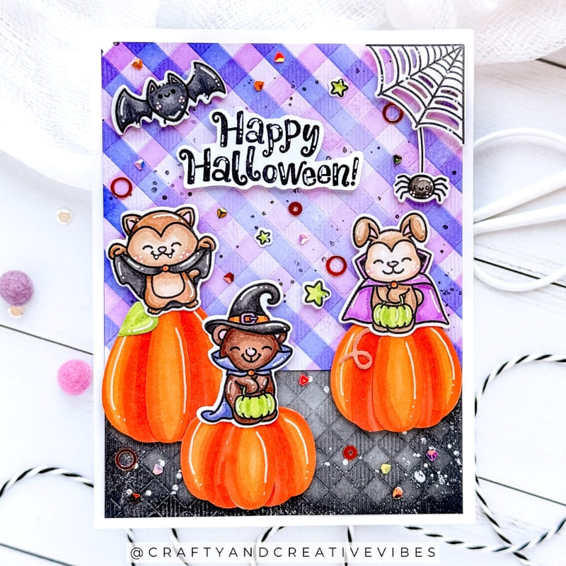 Sunny Studio Stamps Critters in Halloween Costumes Purple Plaid Card using Buffalo Plaid Diagonal Background Metal Craft Die