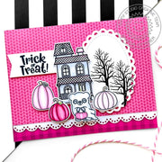 Sunny Studio Bear Ghost Costume, Haunted House & Hot Pink Pumpkins Halloween Card using Too Cute To Spook Clear Craft Stamps