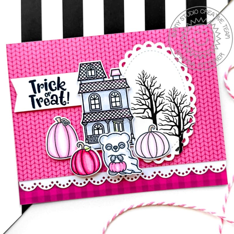 Sunny Studio Bear Ghost Costume, Haunted House & Hot Pink Pumpkins Halloween Card using Too Cute To Spook Clear Craft Stamps