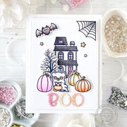 Sunny Studio Bear in Ghost Costume, Haunted House & Pastel Pumpkins Halloween Card using Too Cute To Spook Clear Craft Stamps