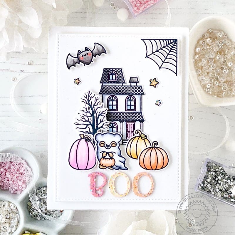 Sunny Studio Bear in Ghost Costume, Haunted House & Pastel Pumpkins Halloween Card using Too Cute To Spook Clear Craft Stamps