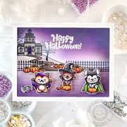 Sunny Studio Critters in Costumes, Haunted House & Pumpkins Halloween Card using Too Cute To Spook 4x6 Clear Craft Stamps