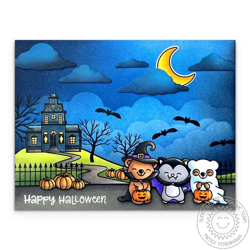 Sunny Studio Trick or Treating Critters with Haunted House & Clouds Halloween Card using Too Cute To Spook Clear Craft Stamps