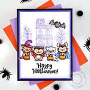 Sunny Studio Critters in Halloween Costumes Haunted House Clean & Simple CAS Card using Too Cute To Spook Clear Craft Stamps