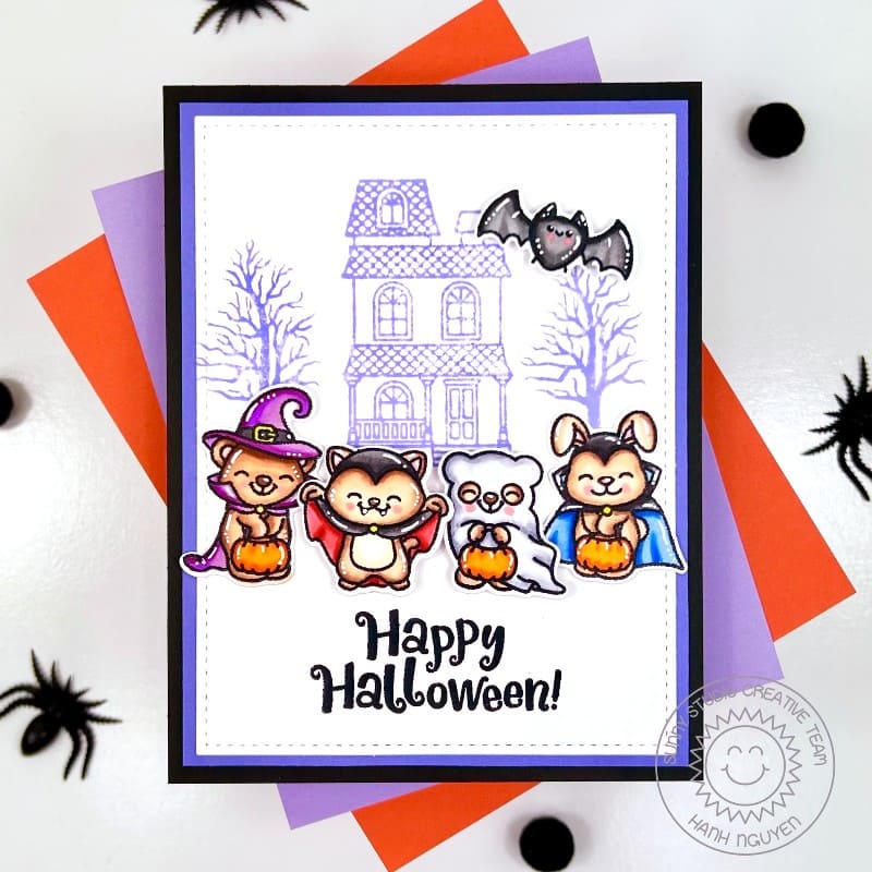 Sunny Studio Critters in Halloween Costumes Haunted House Clean & Simple CAS Card using Too Cute To Spook Clear Craft Stamps