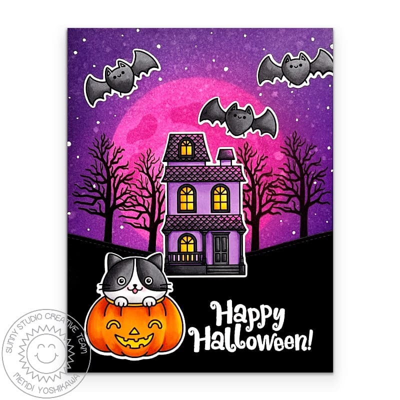 Sunny Studio Haunted House, Cat in Pumpkin, Bats, & Moon Handmade Halloween Card using Too Cute To Spook Clear Craft Stamps