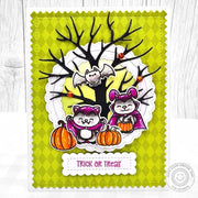 Sunny Studio Critters in Costumes with Spooky Tree Trick or Treat Halloween Card using Too Cute To Spook Clear Craft Stamps