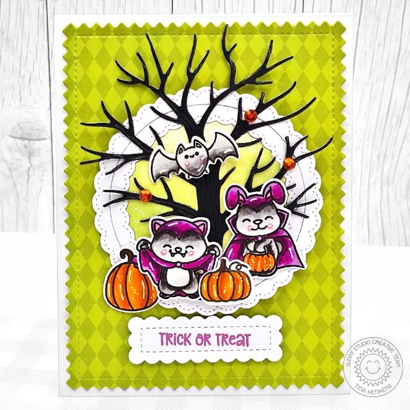 Sunny Studio Critters in Costumes with Spooky Tree Trick or Treat Halloween Card using Too Cute To Spook Clear Craft Stamps