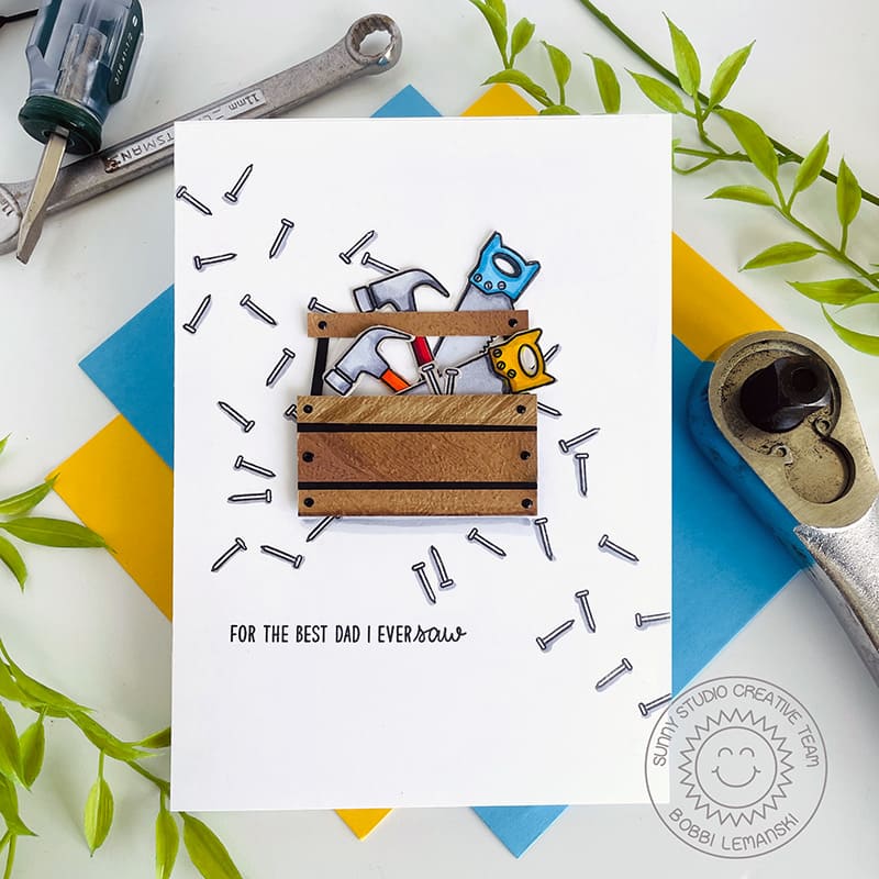 Sunny Studio "For The Best Dad I Ever Saw" Hammer, Nails & Wood Tool Box Punny Father's Day Card (using Tool Time Stamps)