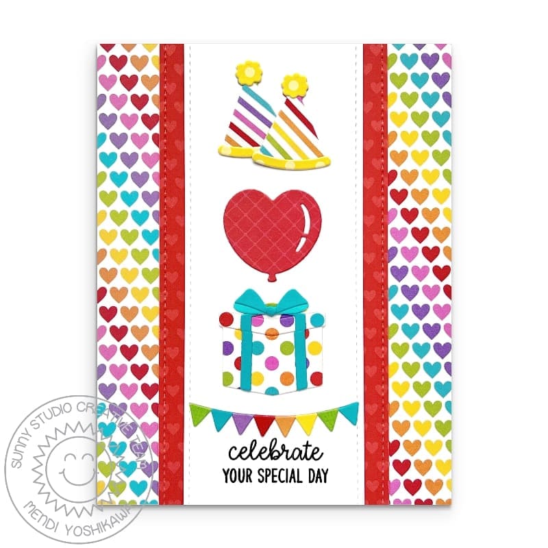 Sunny Studio Stamps Rainbow Gift & Balloon Birthday Card using party hat & banner from Perfect Gift Boxes Metal Cutting Dies