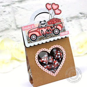 Sunny Studio Pink Pick-up Truck Filled With Hearts Valentine's Day Candy Treat Bag Gift using Truckloads of Love Clear Stamps