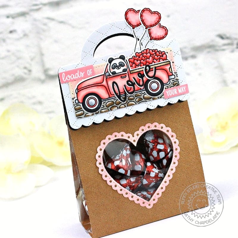 Sunny Studio Stamps Panda Bear & Pink Vintage Truck Valentine's Day Window Treat Bag using Scalloped Heart Metal Cutting Dies