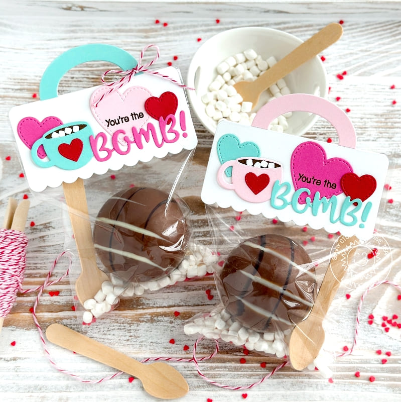 Sunny Studio Stamps You're the Bomb Hot Cocoa Mug Chocolate Valentine's Day Gifts using Treat Bag Topper Metal Cutting Dies