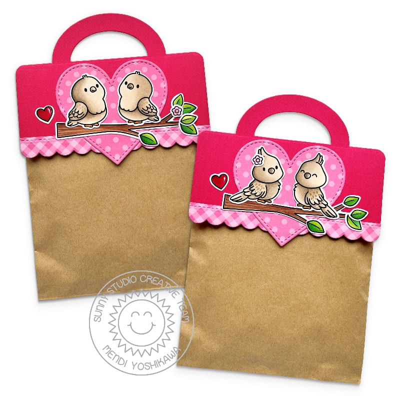 Sunny Studio Birdie Valentine's Day Red, Kraft, & Pink Heart Scalloped Cookie Treat Bags using Love Birds 3x4 Clear Stamps