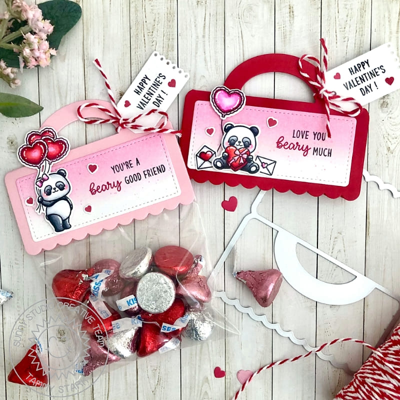 Sunny Studio Red & Pink Panda Valentine's Day Love-Themed Chocolate Scalloped Treat Bags using Bighearted Bears Clear Stamps