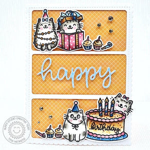 Sunny Studio Happy Birthday Cats with Cake 3-Window Handmade Greeting Card using Make A Wish 2x3 Clear Craft Stamps