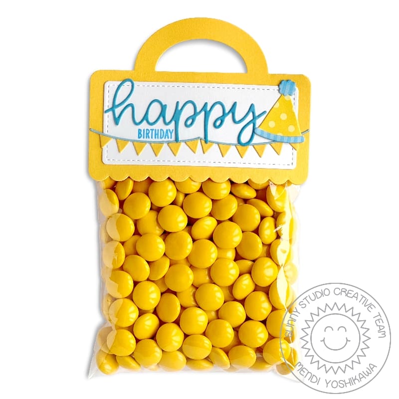 Sunny Studio Stamps Blue & Yellow Chocolate Candies Birthday Party Favor Bag using Treat Bag Topper Metal Cutting Dies