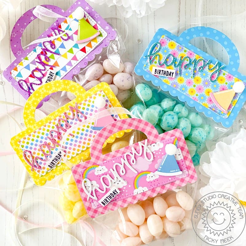 Sunny Studio Stamps Girl's Colorful Pastel Rainbow Birthday Party Candy Treat Bags using Treat Bag Topper Metal Cutting Dies
