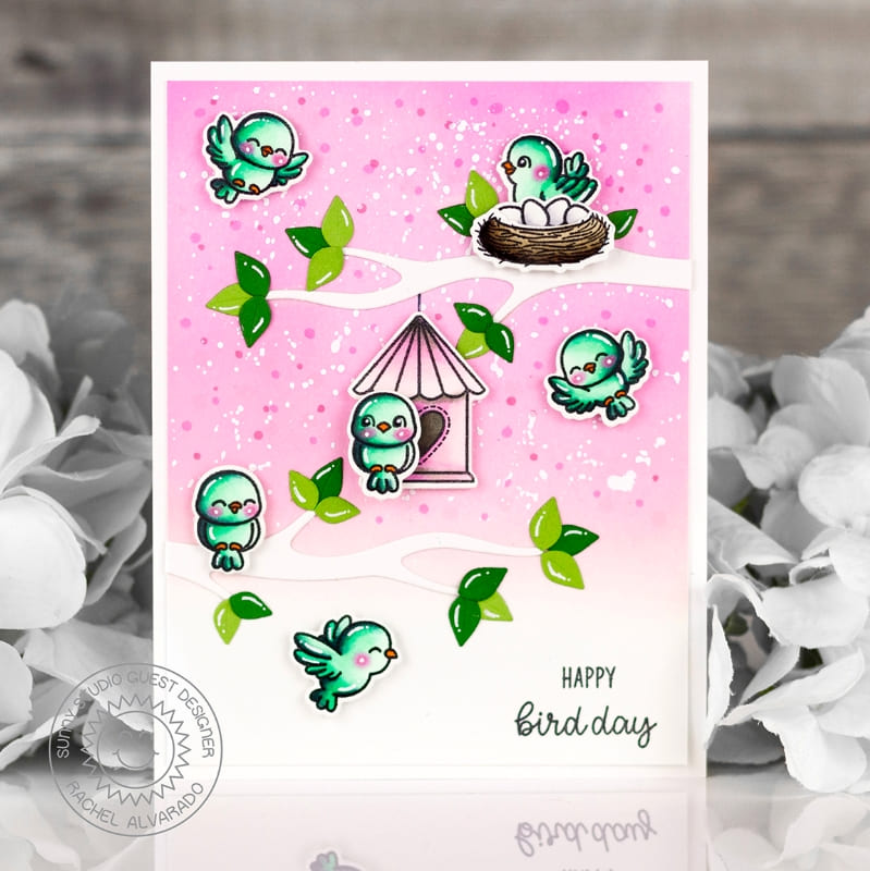 Sunny Studio Stamps Pink & Aqua Little Birdie Birds with Birdhouse Spring Birthday Card using Tree Branch Metal Craft Dies
