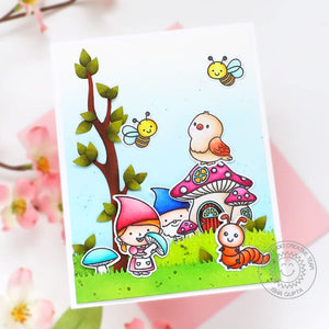 Sunny Studio Stamps Gnomes with Bird, Caterpillar, Bumblebee & Mushroom House Spring Card using Tree Branch Metal Craft Dies