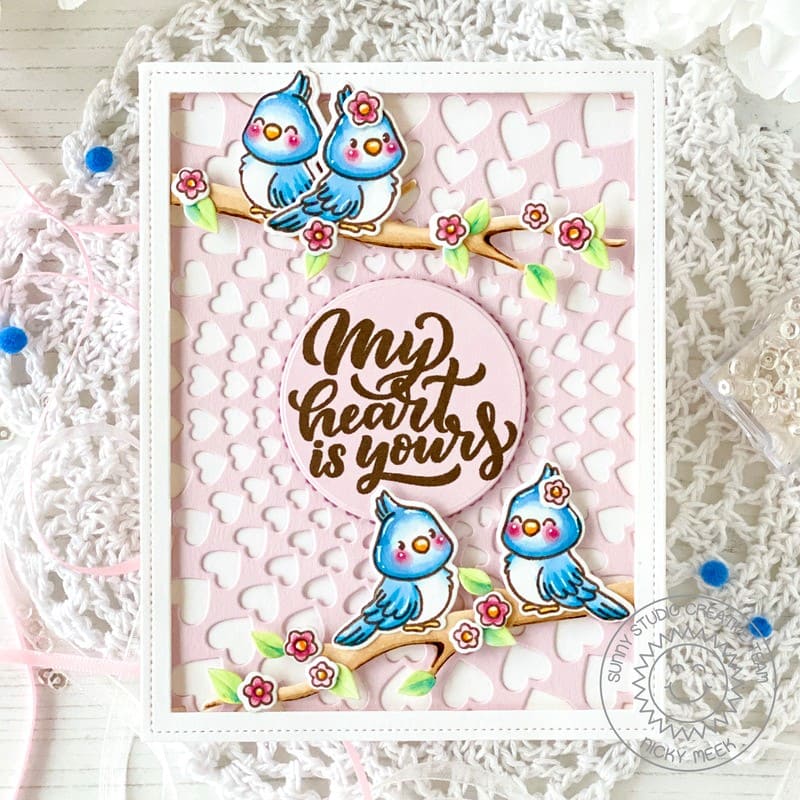 Sunny Studio My Heart is Yours Bird on Tree Branch with Pink Heart Background Spring Card using Love Birds Clear Craft Stamps
