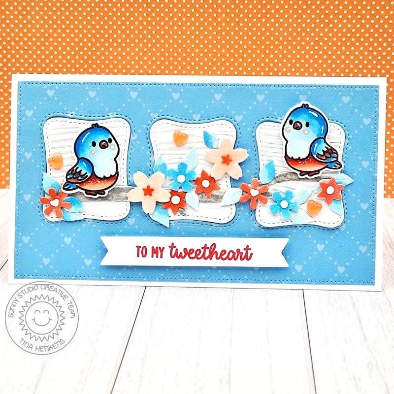 Sunny Studio Stamps Blue Robin Birds "To My Tweetheart" Love-Themed Mini Slimline Card using Tree Branch Metal Craft Dies