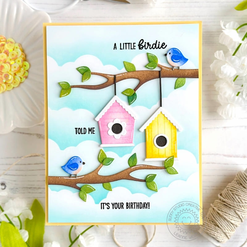 Sunny Studio Stamps Little Birdie Told Me Birds with Birdhouse Spring Birthday Card using Tree Branch Metal Cutting Craft Die