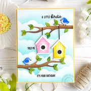 Sunny Studio Stamps Little Birdie Told Me Spring Birds with Tree Branch Birthday Card using Build-A-Birdhouse Metal Craft Die