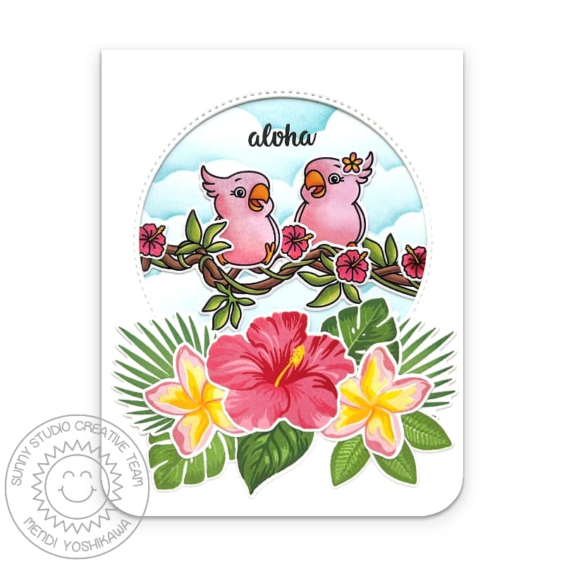 Sunny Studio Pink Birds on Vines with Plumeria & Hibiscus Flowers Aloha Summer Card using Tropical Birds Clear Craft Stamps