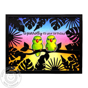 Sunny Studio Parrots at Sunset with Tropical Leaf Silhouette Frame Punny Summer Birthday Card using Summer Greenery Craft Die