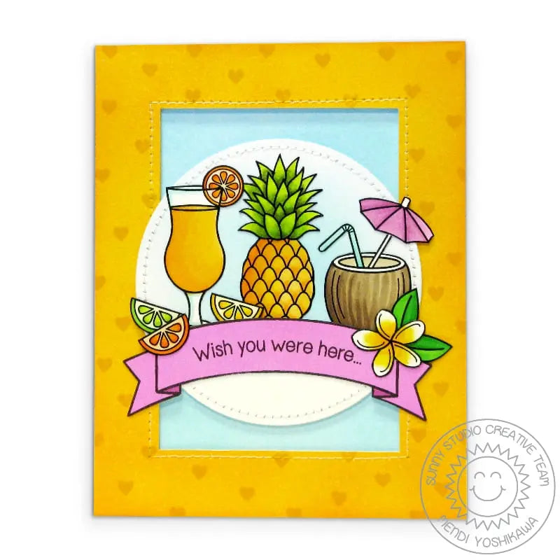 Sunny Studio Stamps Tropical Paradise Pineapple & Fruity Coconut Drink with Mini Umbrella Wish You Were Here Summer Card